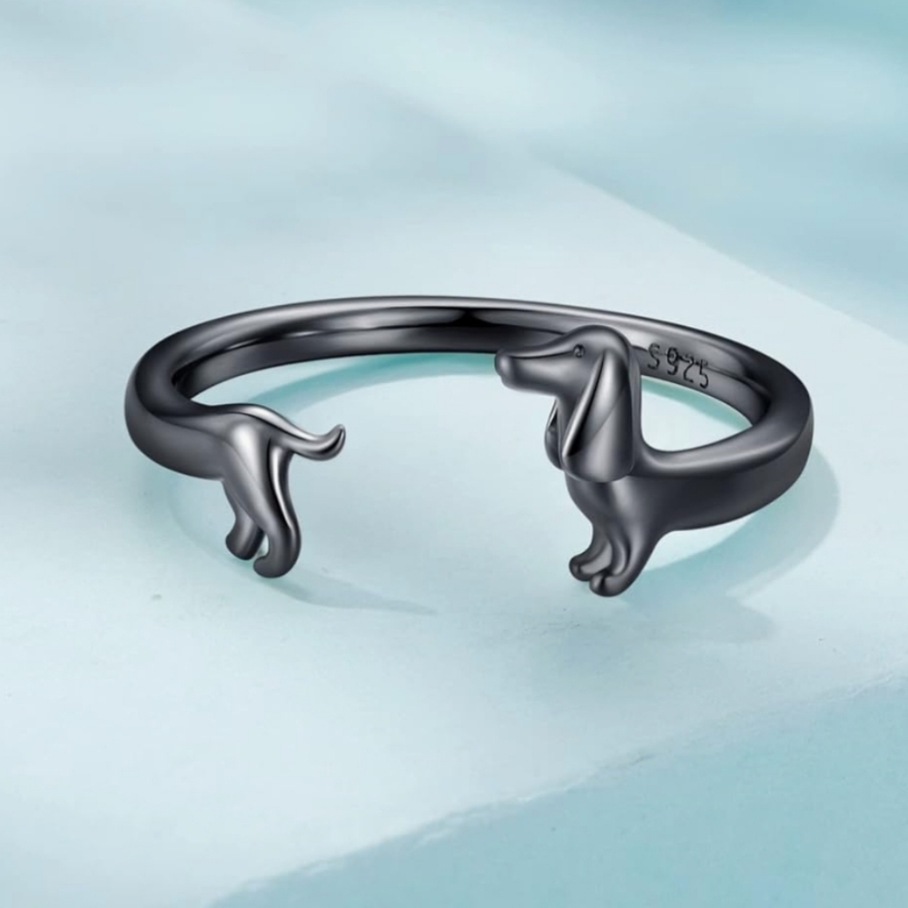 925 Sterling Silver Cute Dashuand‎ Dog Gold Plated Animal Adjustable Ring Cuff